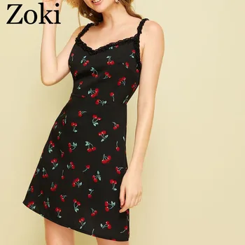 Zoki Seksuali Moteris Mini Suknelė Mados Vasaros Vyšnių Spausdinimo Kawaii Raukiniai Juoda Suknelė Atsitiktinis-line Paplūdimio Spageti Dirželis Vestidos