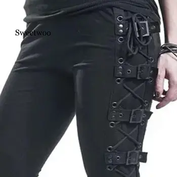Įvarstyti Atsitiktinis Krovinių Kelnės Moterims Sagtis Gothic Punk Rock Tamsiai Juoda Aukšto Liemens Kelnės Plius Dydžio Kelnės S-5XL