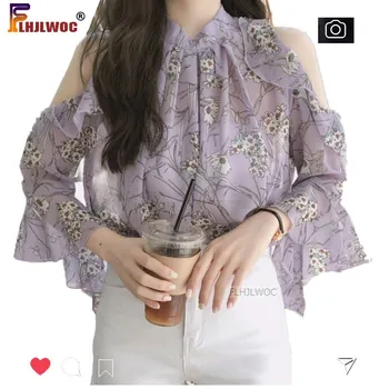 Šifono Palaidinės, Marškinėliai Moterims Topai Korėjos Stiliaus Dizainas Violetinė Juoda Šifono Gėlių Spausdinti Seksualus Open Off Peties Viršuje Palaidinė