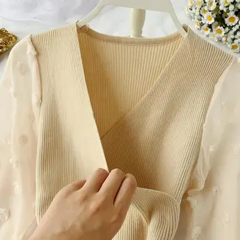 Šifono rankovės kratinys megzti suknelę 2020 m. Pavasario ir žiemos naujas V-kaklo aukštos juosmens kaklaraištis stiliaus suknelės vientisos spalvos elegantiškas suknelės