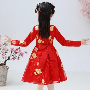Žiemos Mergaitės, Vaikai Princesė Tango Cheongsam Qipao Suknelė Siuvinėjimas Medvilnės-Pad, Vaikų, Kūdikių Raudona Naujųjų Metų Princesė Suknelės, Drabužiai