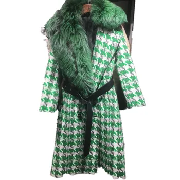 Žiemos Moterų Ilgas Elegantiškas Klasikinis Houndstooth Juostinės Vagos Vilnos Paltas Su Purus Lapės Kailio Apykaklė