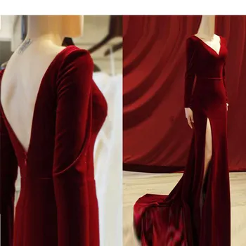 платье Bordo Musulmonų Vakaro Suknelės Undinė V-kaklo, ilgomis Rankovėmis Aksomo Islamo Dubajus, Saudo arabų Ilgas Elegantiškas Vakare Gown